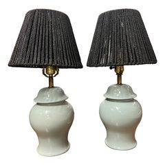 Mid-20th Century Tiffany Blue Table Lamps With Woven Shades - a Pair