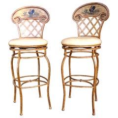 Pair of French Provincial Style Leather and Wrought Iron Bar Stools