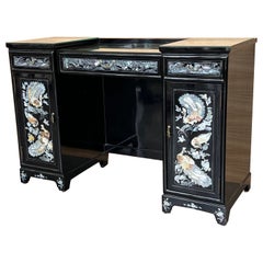 Vintage Hollywood Chinoiserie Black Lacquered Vanity or Desk Table
