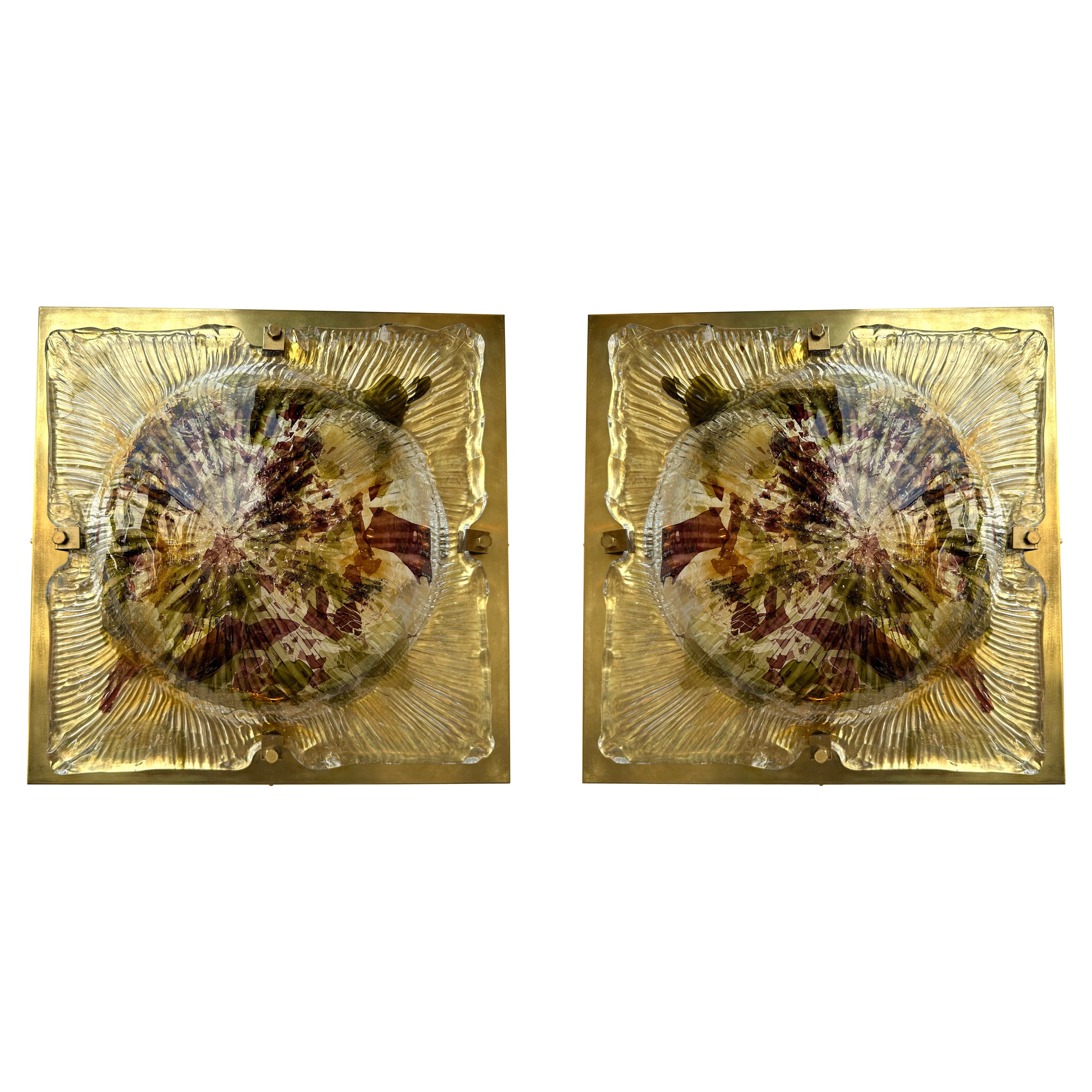 Pair of Brass Sconces Cola Crater Murano Glass. Italy, 1970s