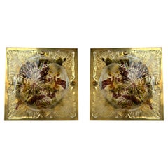 Pair of Brass Sconces Cola Crater Murano Glass. Italy, 1970s