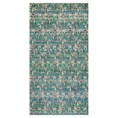 Rug & Kilim's Modern Hand Knotted Silk Floral Rug Green Blue and Gray Pattern