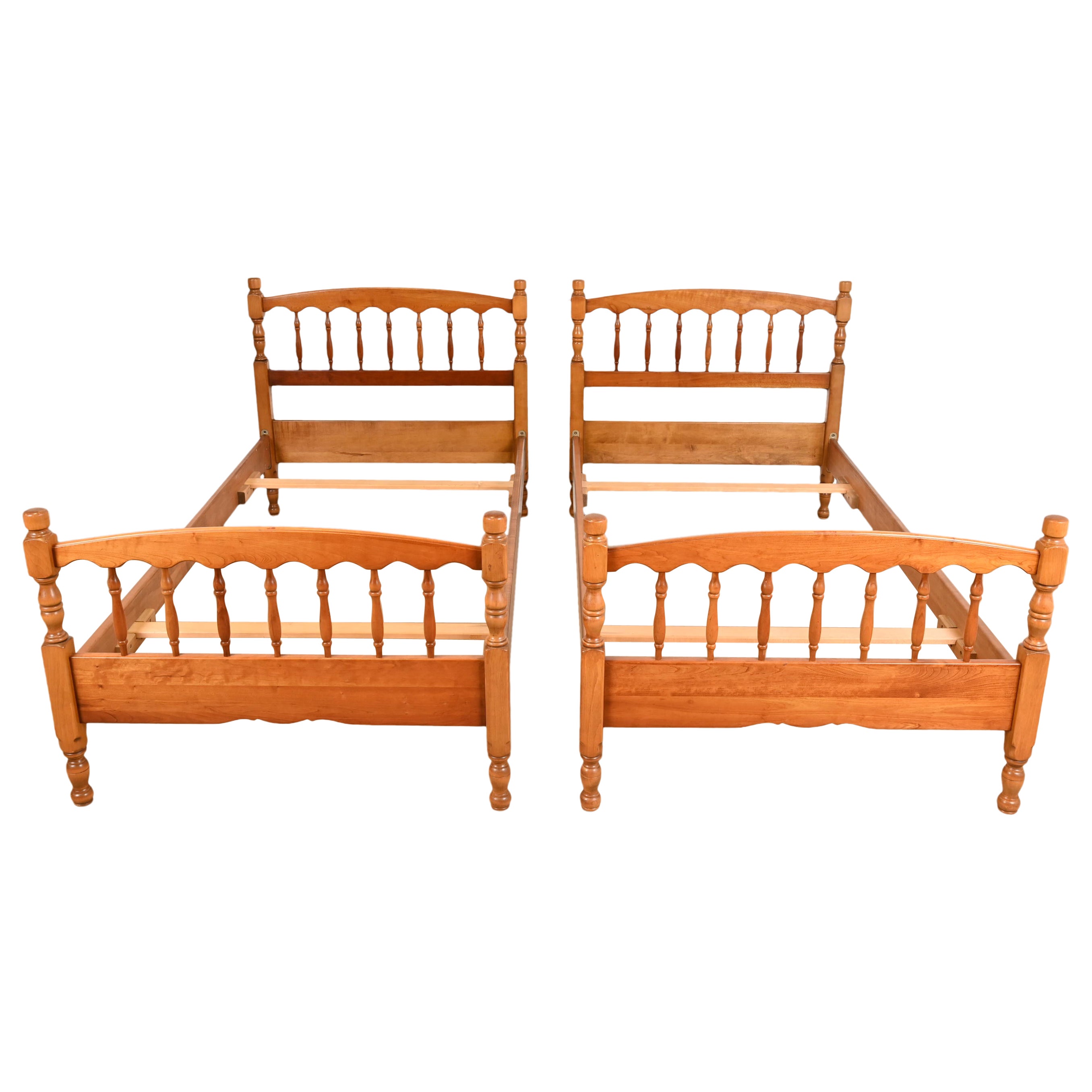 Stickley American Colonial Carved Cherry Wood Twin Size Spindle Beds, Pair