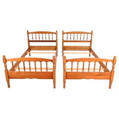 Stickley American Colonial Carved Cherry Wood Twin Size Spindle Beds, Pair