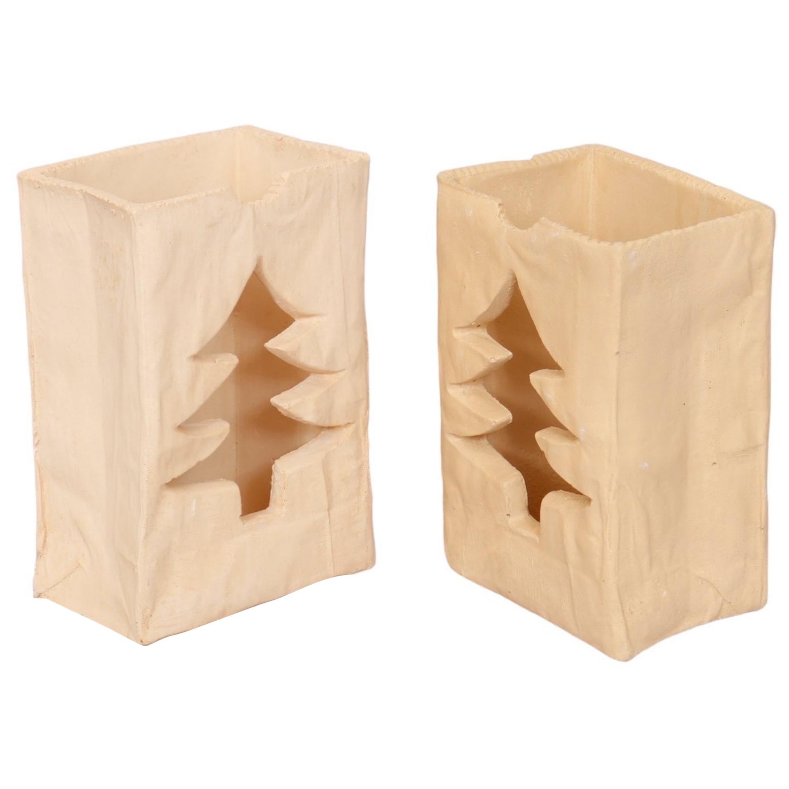 Ceramic Christmas Paper Bag Candle Holders - a Pair For Sale