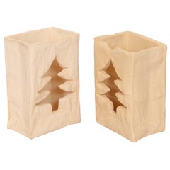 Vintage Ceramic Christmas Paper Bag Candle Holders - a Pair