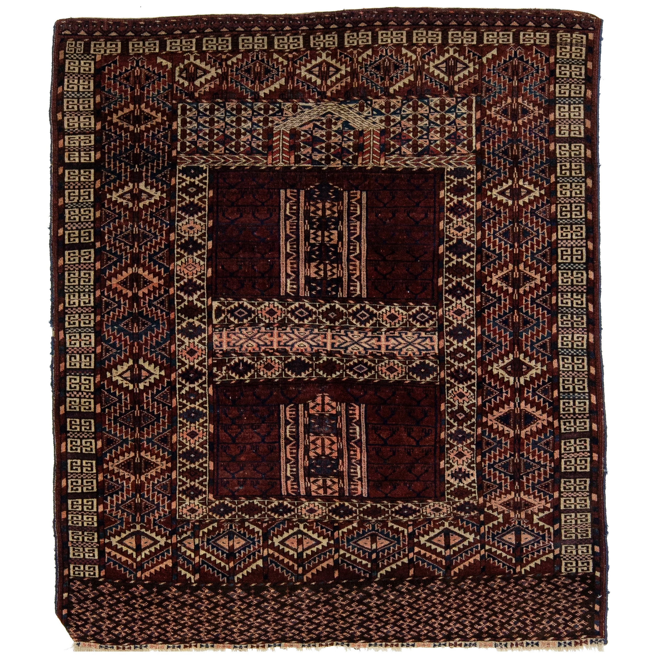 Antique Afghan Yamoud Burgundy Wool Rug Handmade With Allover Design