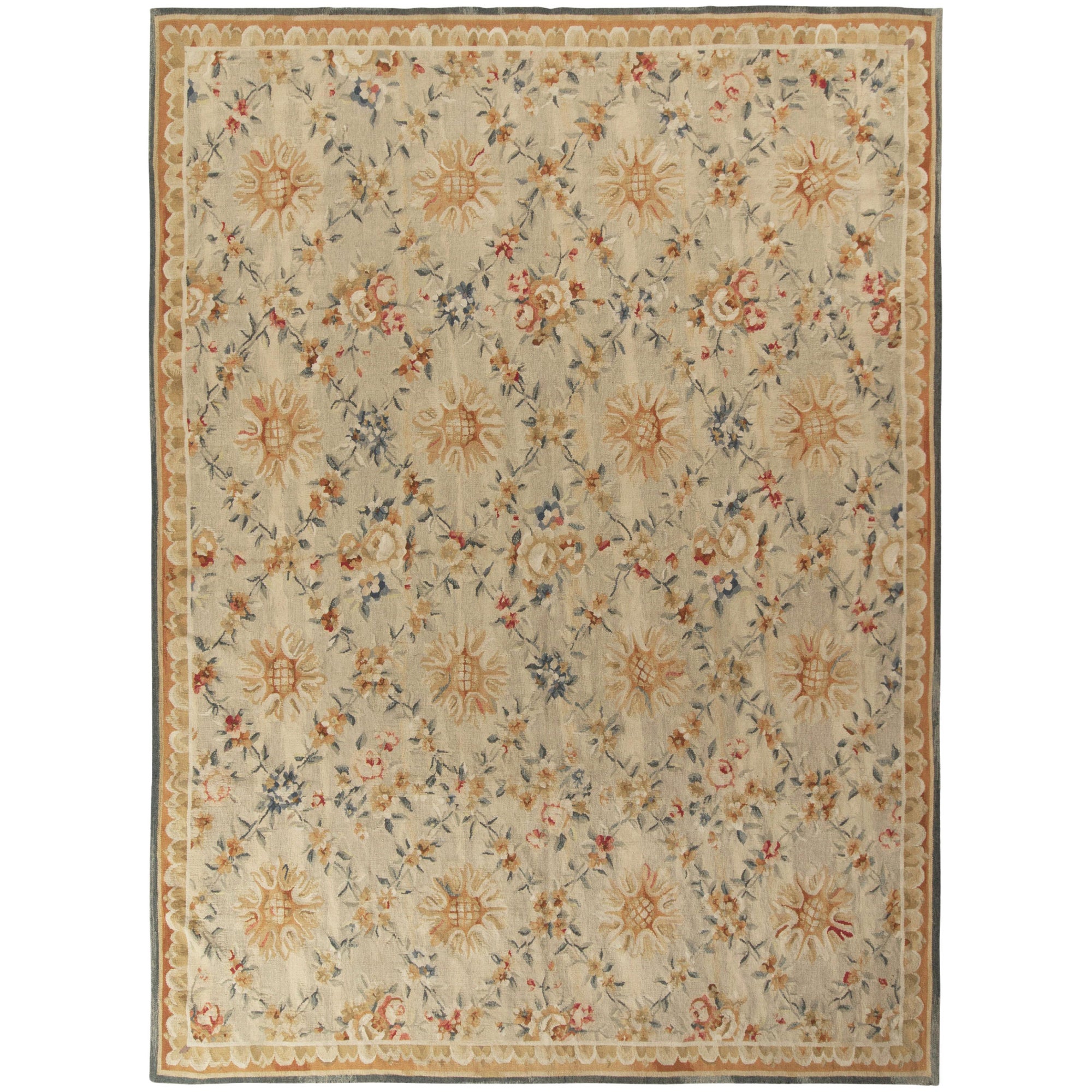 Rug & Kilim’s French Aubusson Style Flat Weave, Beige/Brown, Floral Pattern