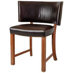 Danish Oak and Leather Sidechair with Large, Curved Backrest, 1930s