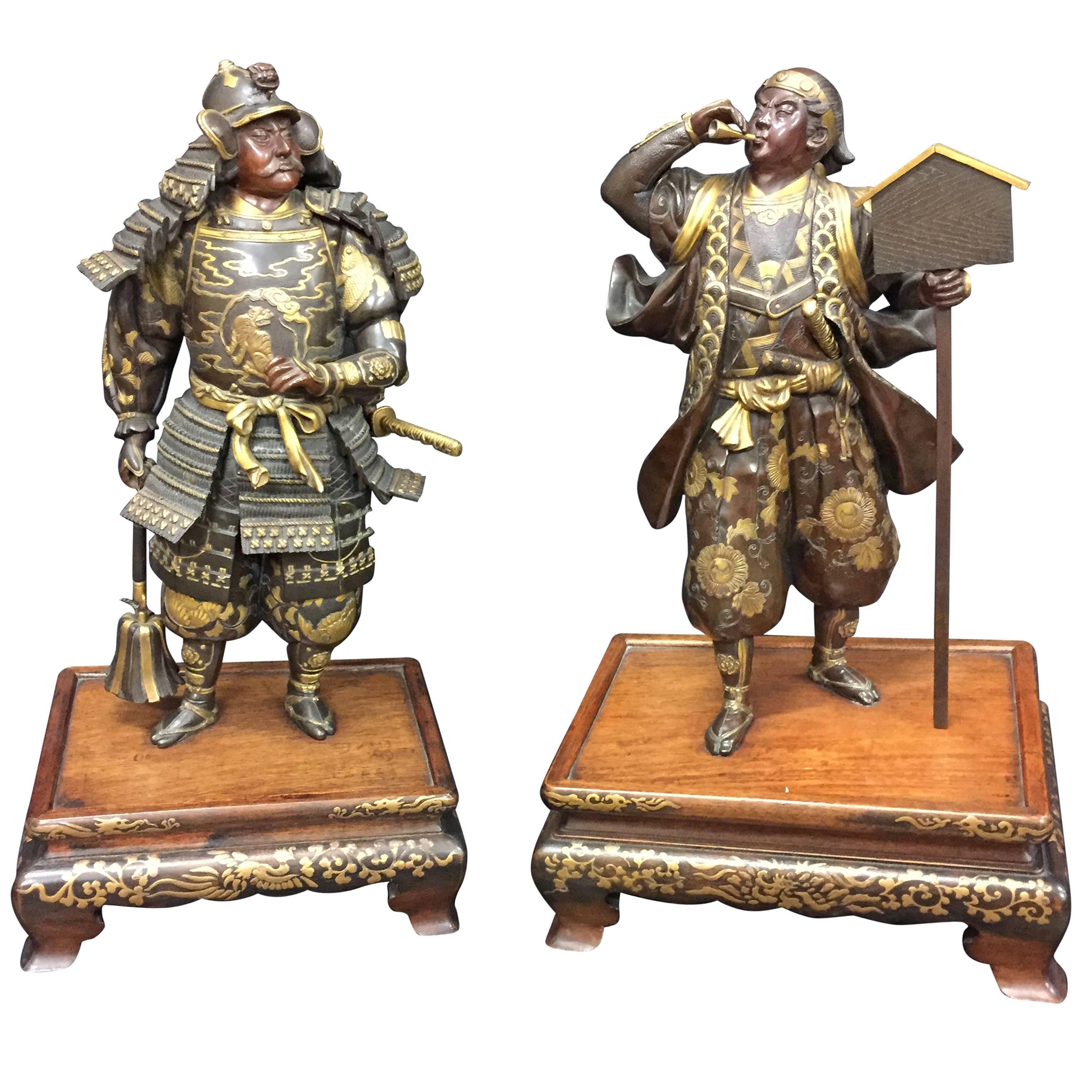 Near Pair of Miyao Bronze Samurai Warriors