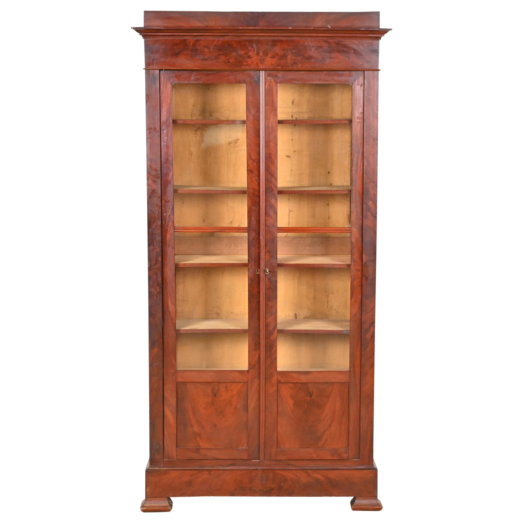 Antique American Empire Flame Mahogany Glass Front Double Bookcase, Circa 1880s