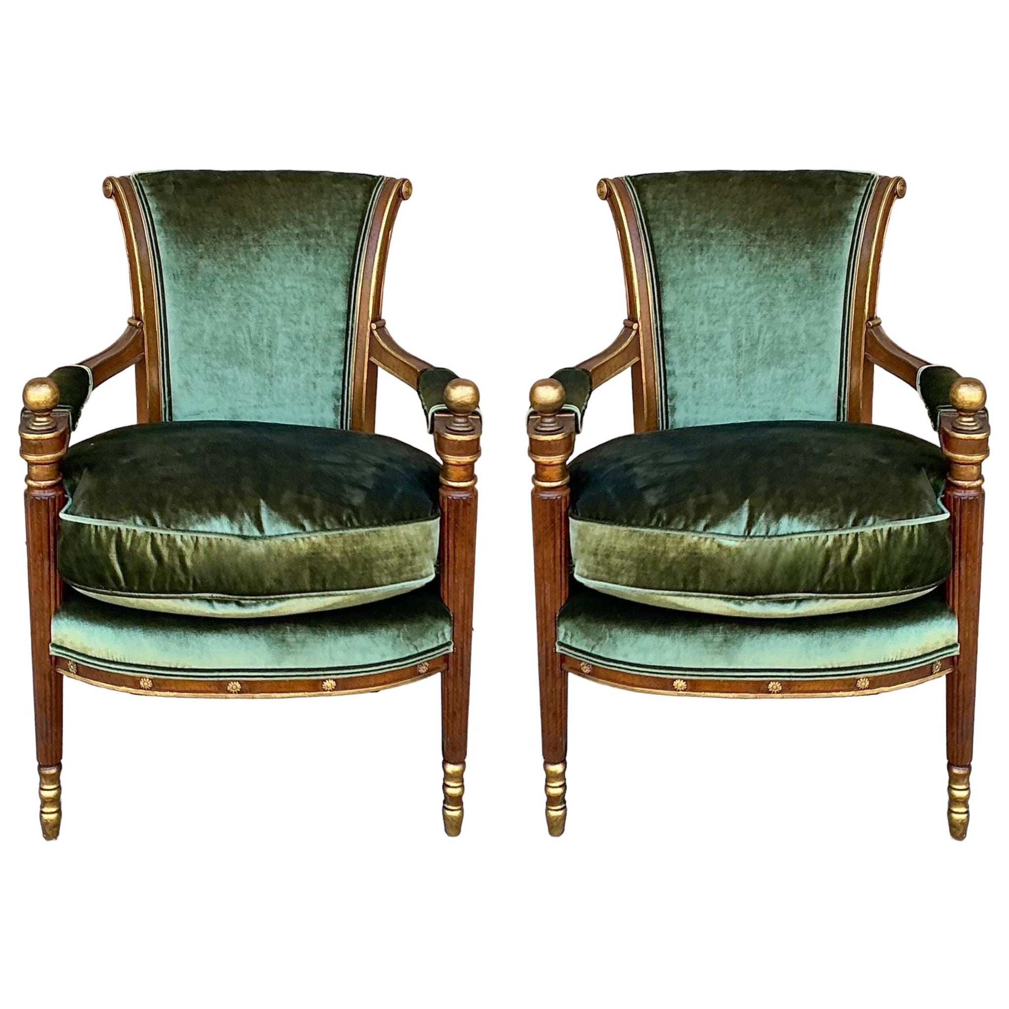 Italian Neo-Classical Style Walnut & Gilt Bergere Chairs In Green Velvet - Pair