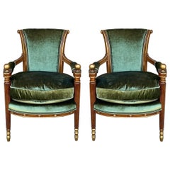 Italian Neo-Classical Style Walnut & Gilt Bergere Chairs In Green Velvet - Pair