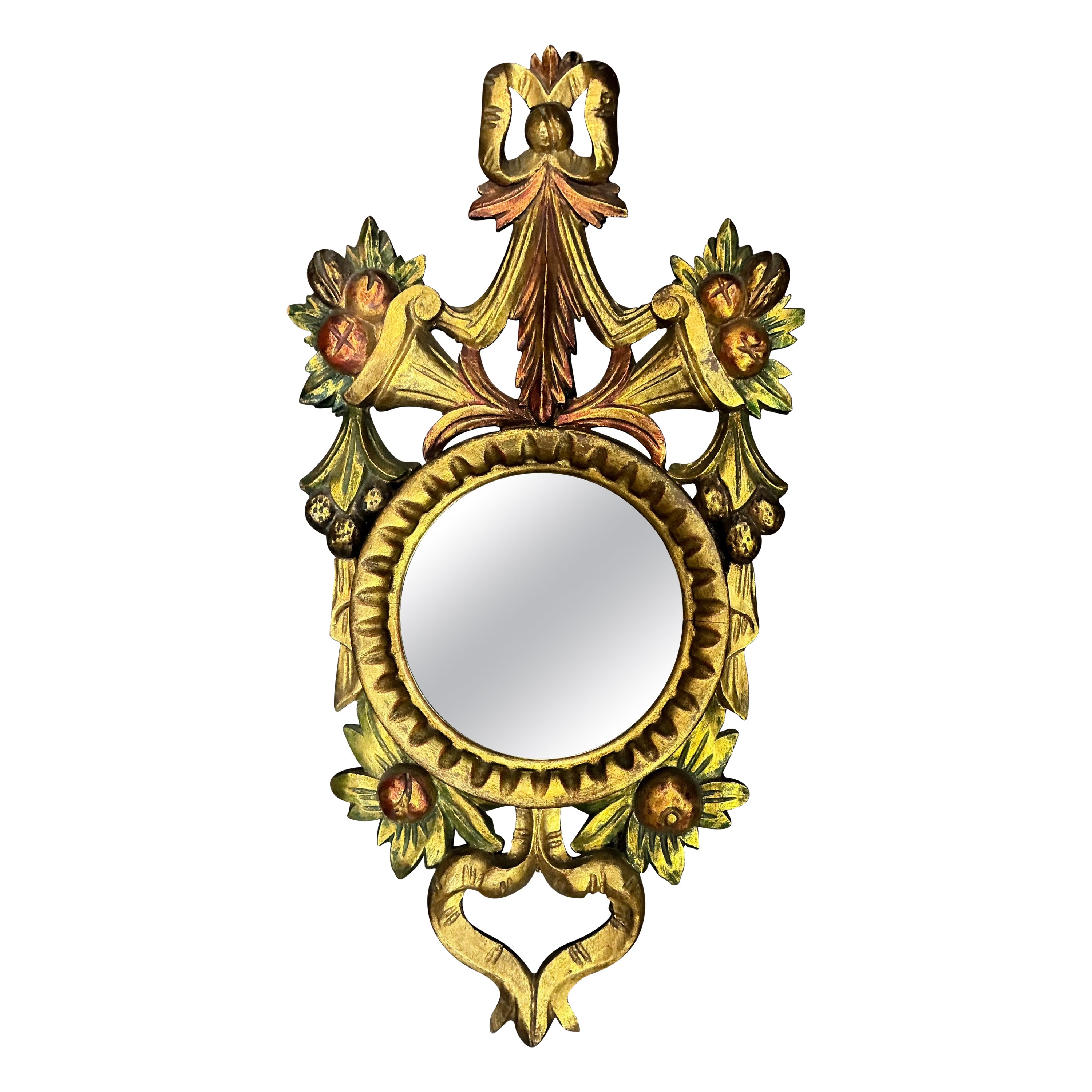 Mid-Century Italian Carved Giltwood & Painted Fruit And Ribbon Wall Mirror