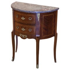 Early 20th Century French Louis XV Marble Top Bombe Demilune Marquetry Commode