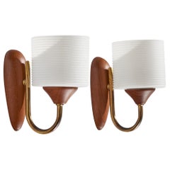 Swedish Designer, Wall Lights, Brass, Teak, Glass, Sweden, 1950s