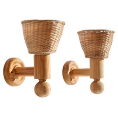 Uno Kristiansson, Wall Lights, Pine, Rattan, Sweden, 1970s