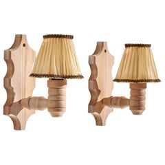 Swedish Designer, Wall Lights, Pine, Fabric, Sweden, 1970s