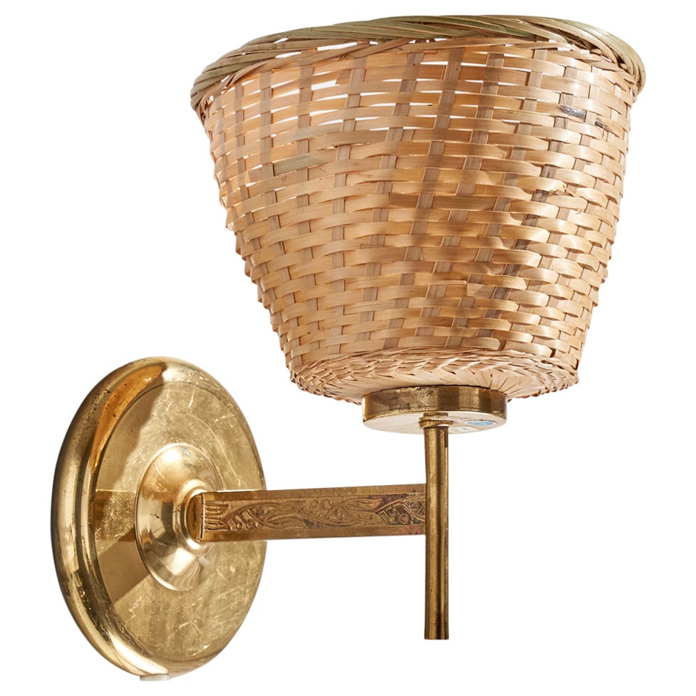 Swedish Designer, Wall Light, Brass, Rattan, Sweden, 1970s