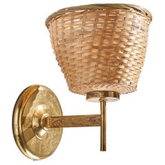 Swedish Designer, Wall Light, Brass, Rattan, Sweden, 1970s
