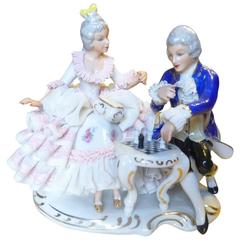 Vintage German Dresden Lace Porcelain Figurine Group, Couple Playing Chess
