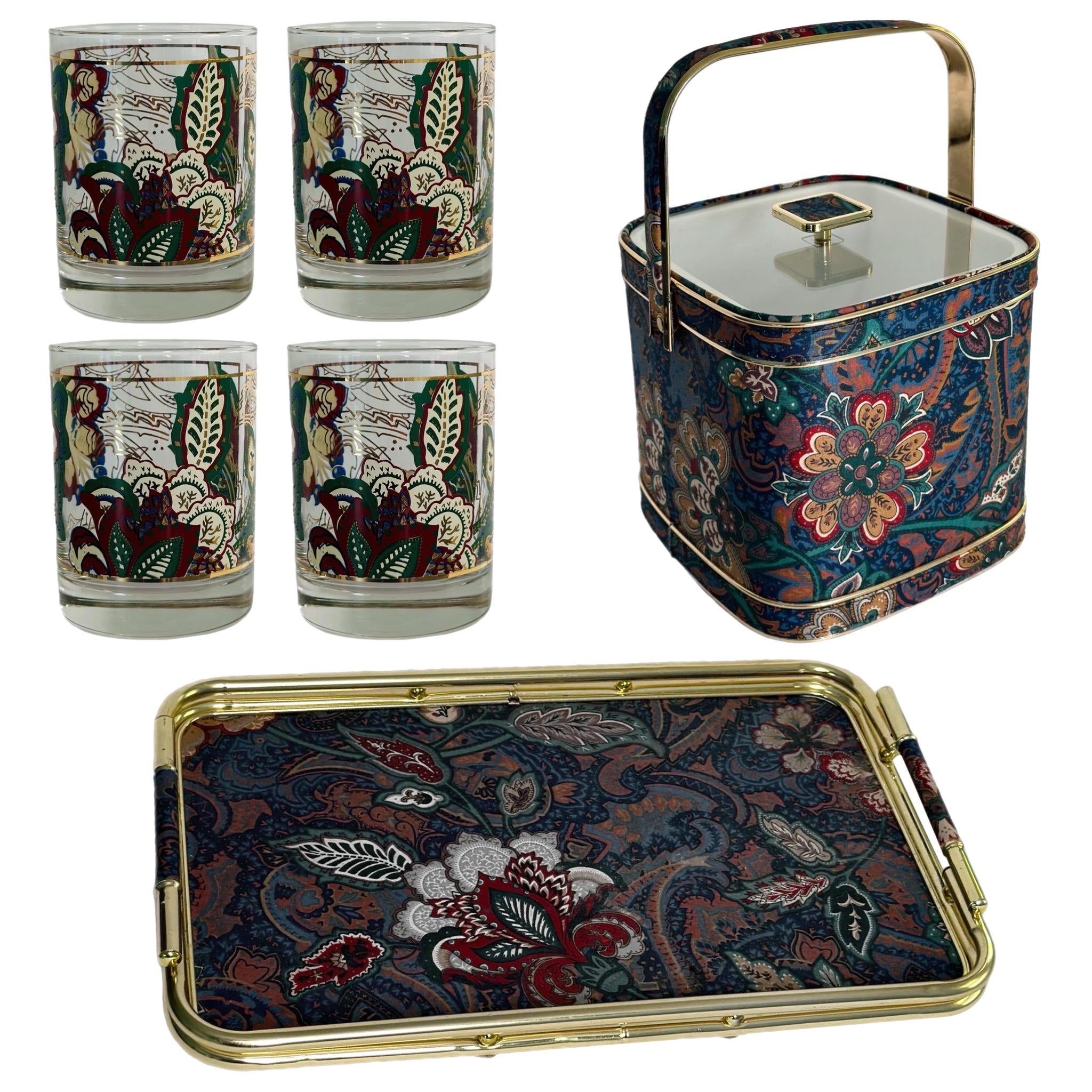 Set di bicchieri da bar Culver del 1960 con bicchieri tumbler floreali, secchiello per il ghiaccio e vassoio - Set da 6