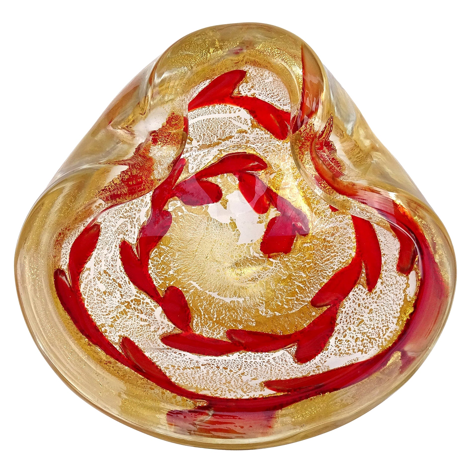 Barovier Toso Cuenco Cenicero de Murano de Vidrio Artístico Italiano Moteado en Oro y Vides Rojo Rubí