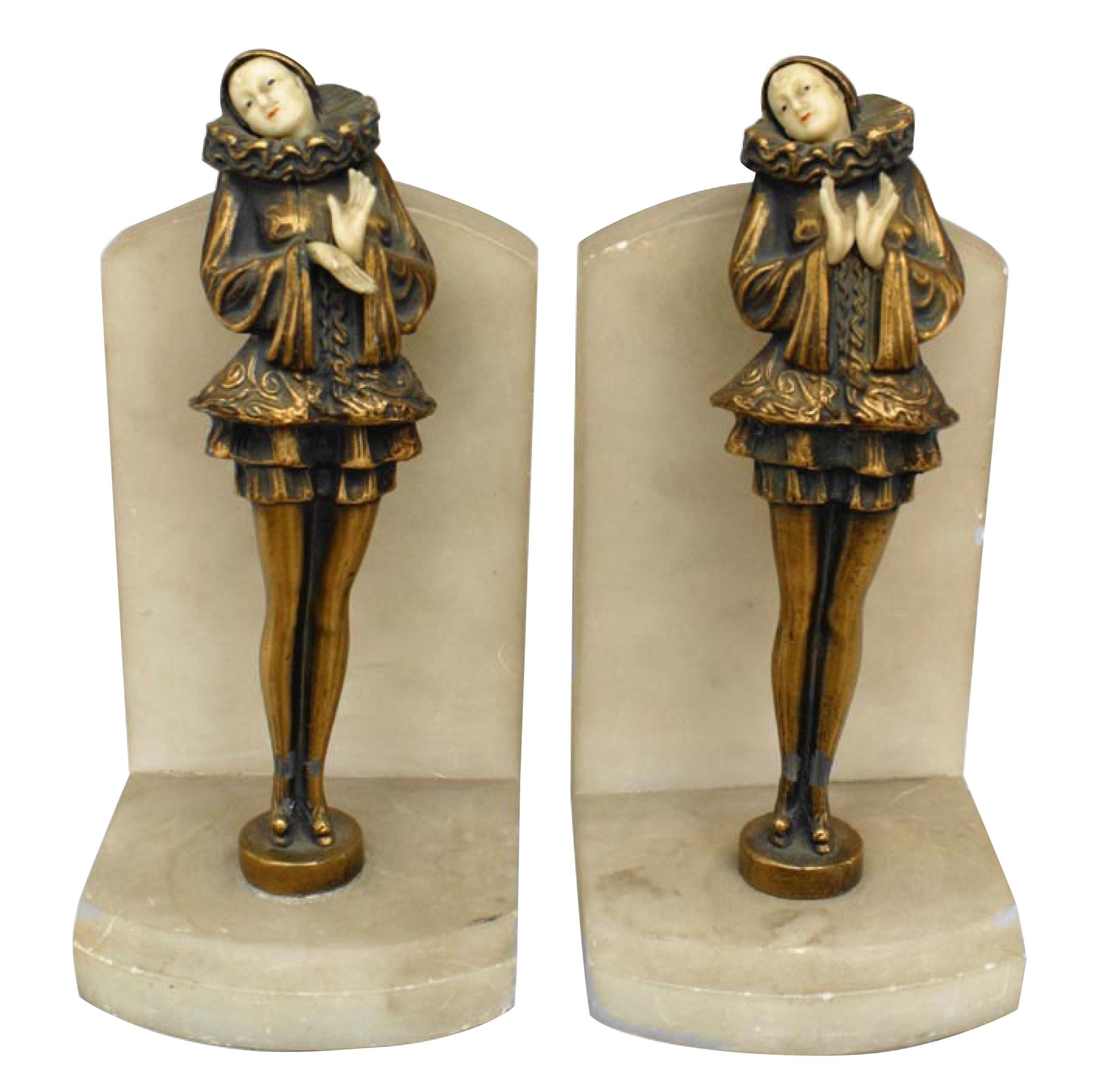 Pair of French Art Deco Marble Harlequin Bookends