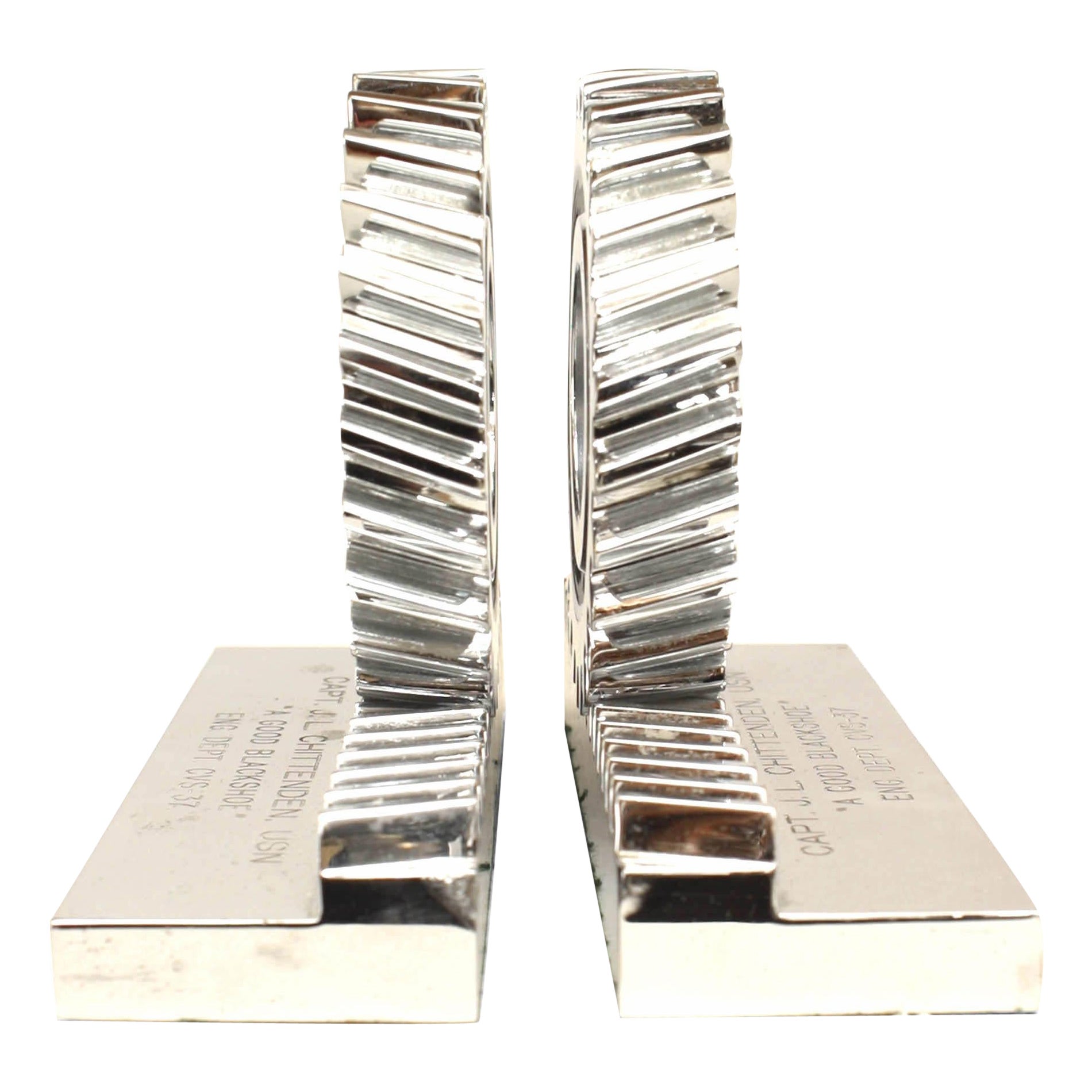 Pair of Mid-Century Chrome Gear Bookends For Sale