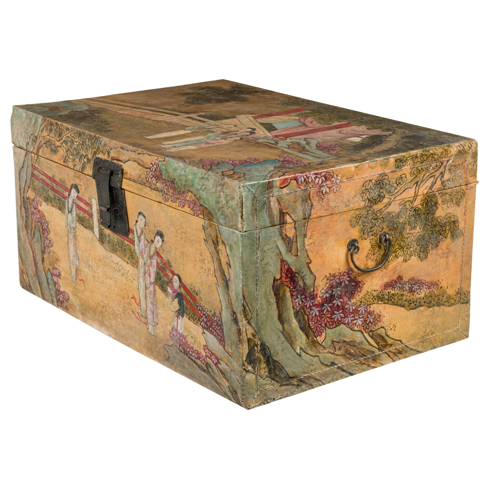 Chinese Wooden Lacquered Rectangular Chest with Hand Painted Figural Scenes
