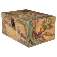Chinese Wooden Lacquered Rectangular Chest with Hand Painted Figural Scenes