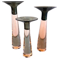 Vintage Set of 3 Antonio Da Ros for Cenedese Pink and Smoked Glass Candleholders