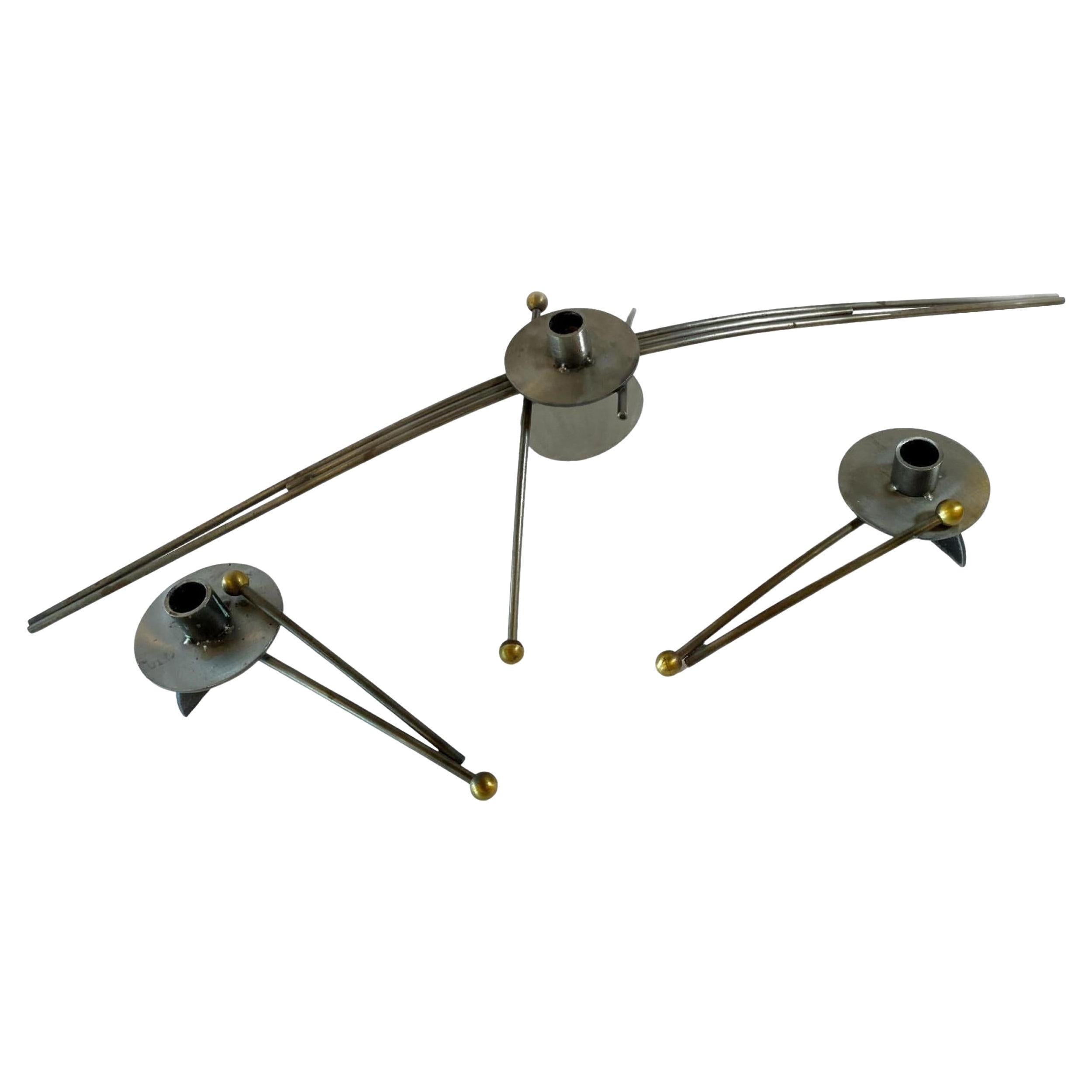 Set di 3 candelieri moderni americani in acciaio e ottone, Girardini Design in vendita