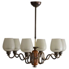 A Swedish Modern 1940s Six Arm Chandelier, Art Deco, Glass, Brass & Elm