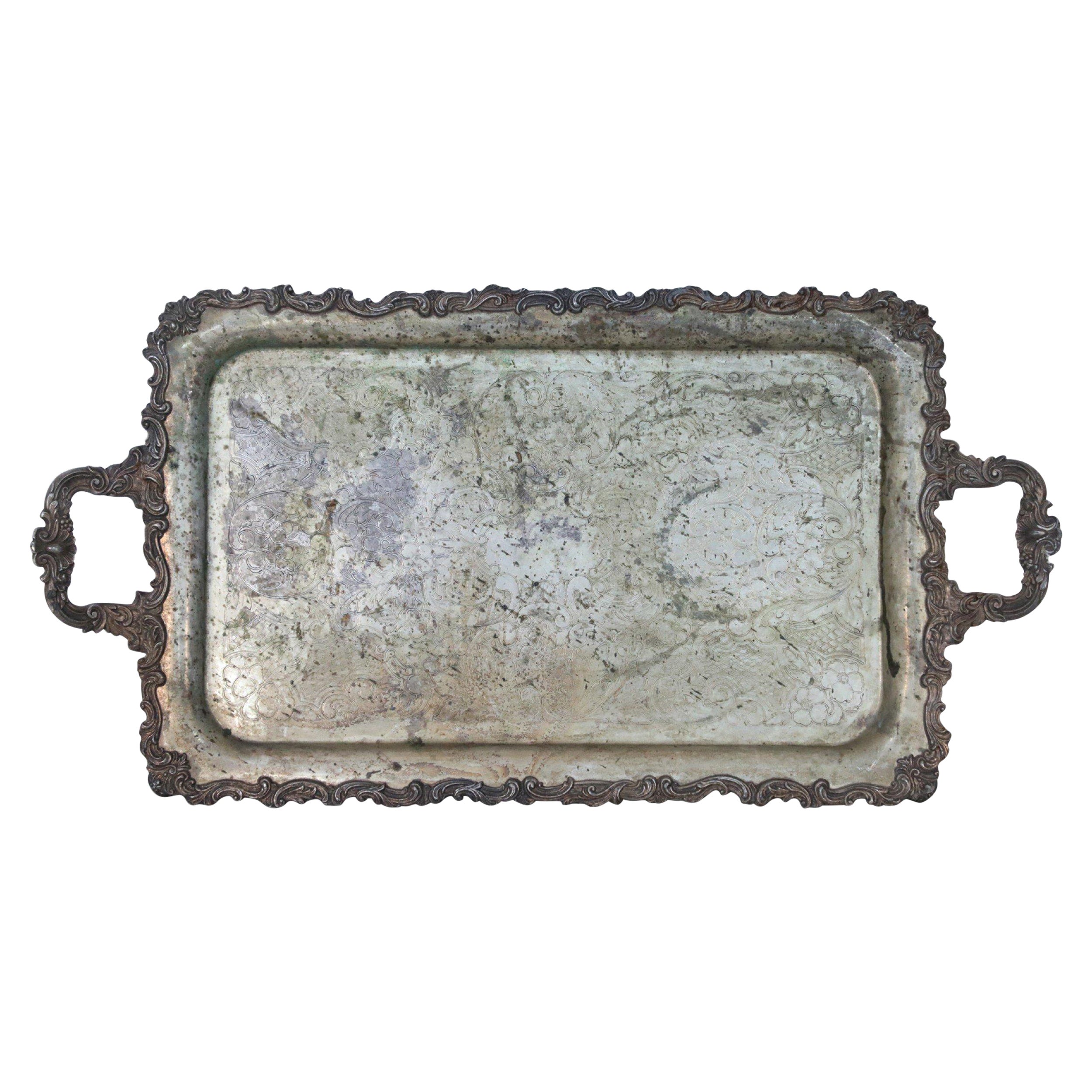 English Victorian Silver Plate Engraved Serving Tray with Patina