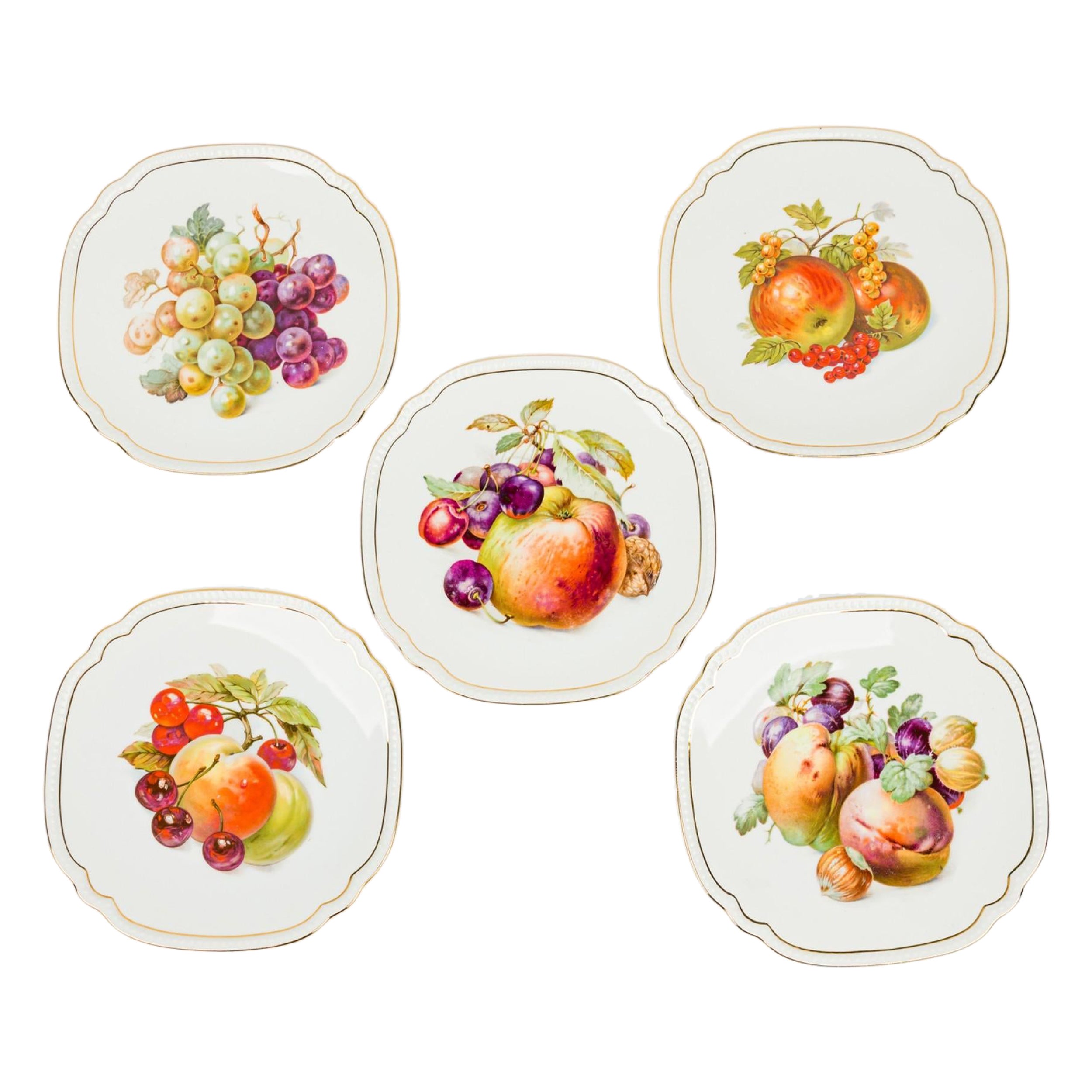 Juego de 5 Platos de Frutas de China Checa de Mediados de Siglo Pintados a Mano