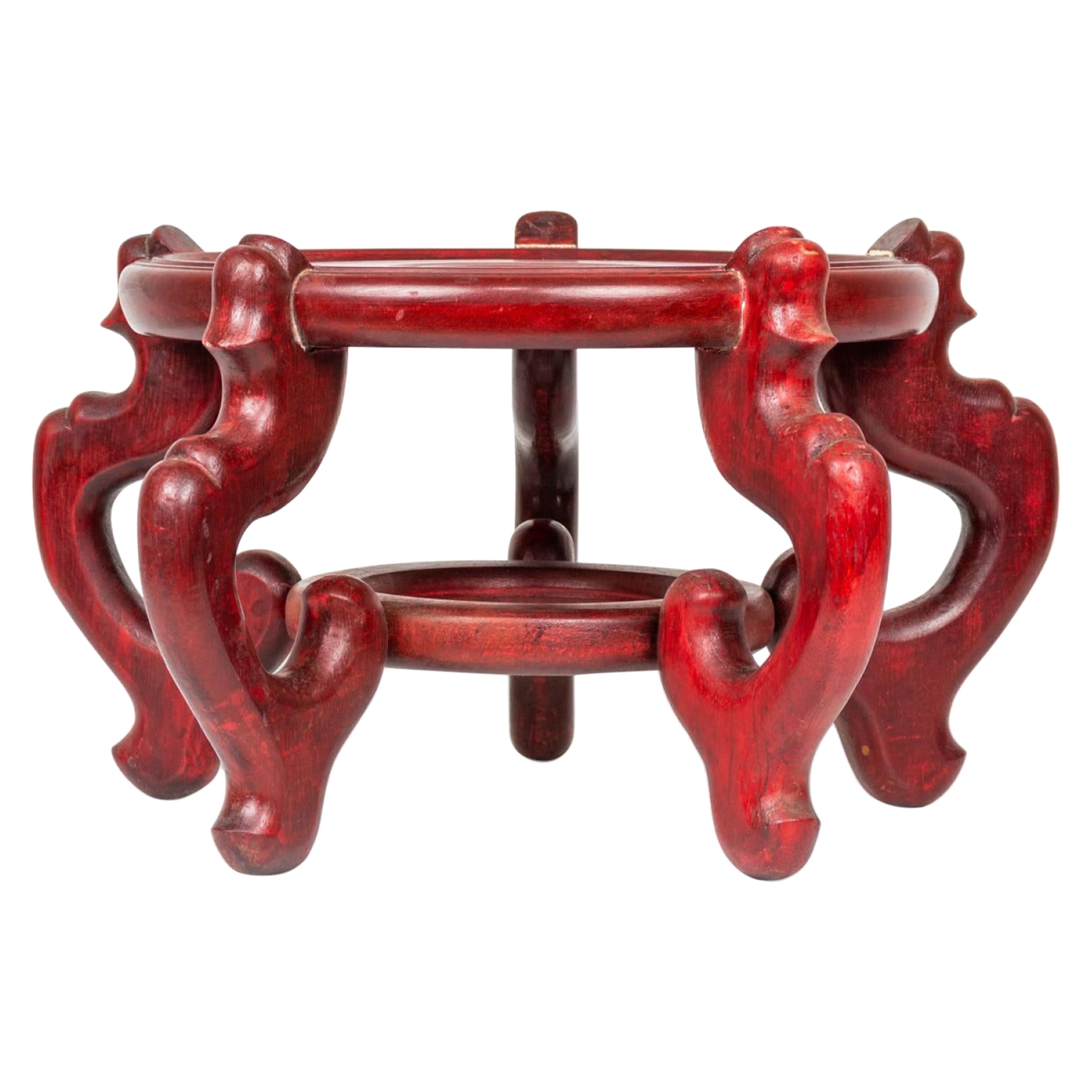 Antiguo Jarrón Florero de Madera Pintado de Rojo Chino Base / Soporte en venta
