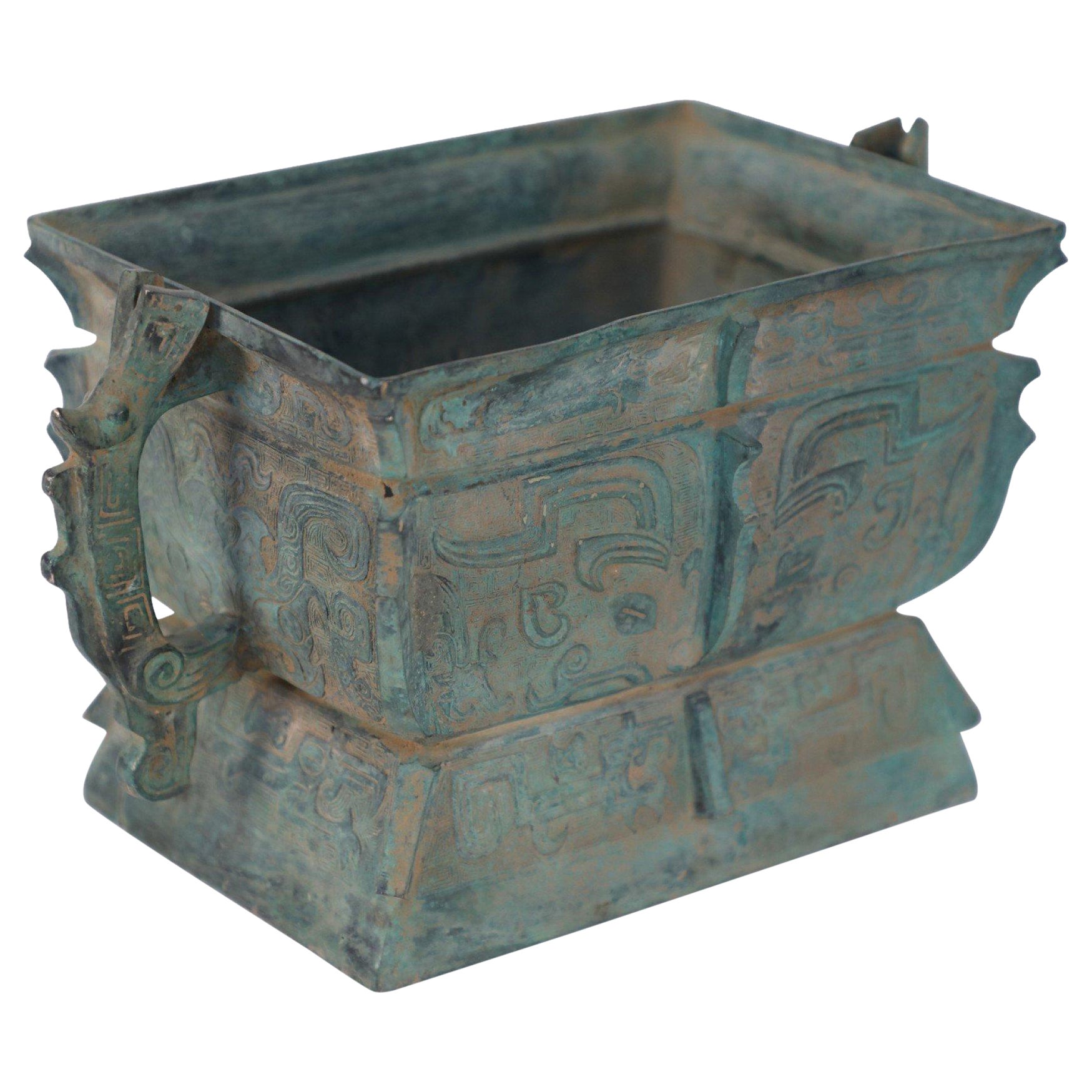 Chinese Han Dynasty-Style Patinated Bronze Rectangular Vessel For Sale