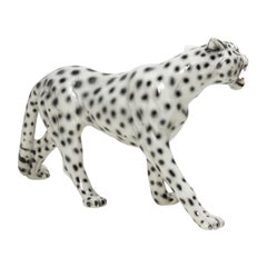 Italian Mid-Century Glazed Porcelain Striding Snow Leopard manner of Capodimont