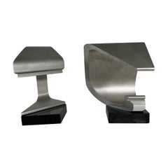 Pair of Metal Abstract Sculptures on Marble Bases