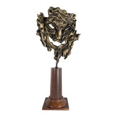 Bronze Mask Sculpture on Wood Base