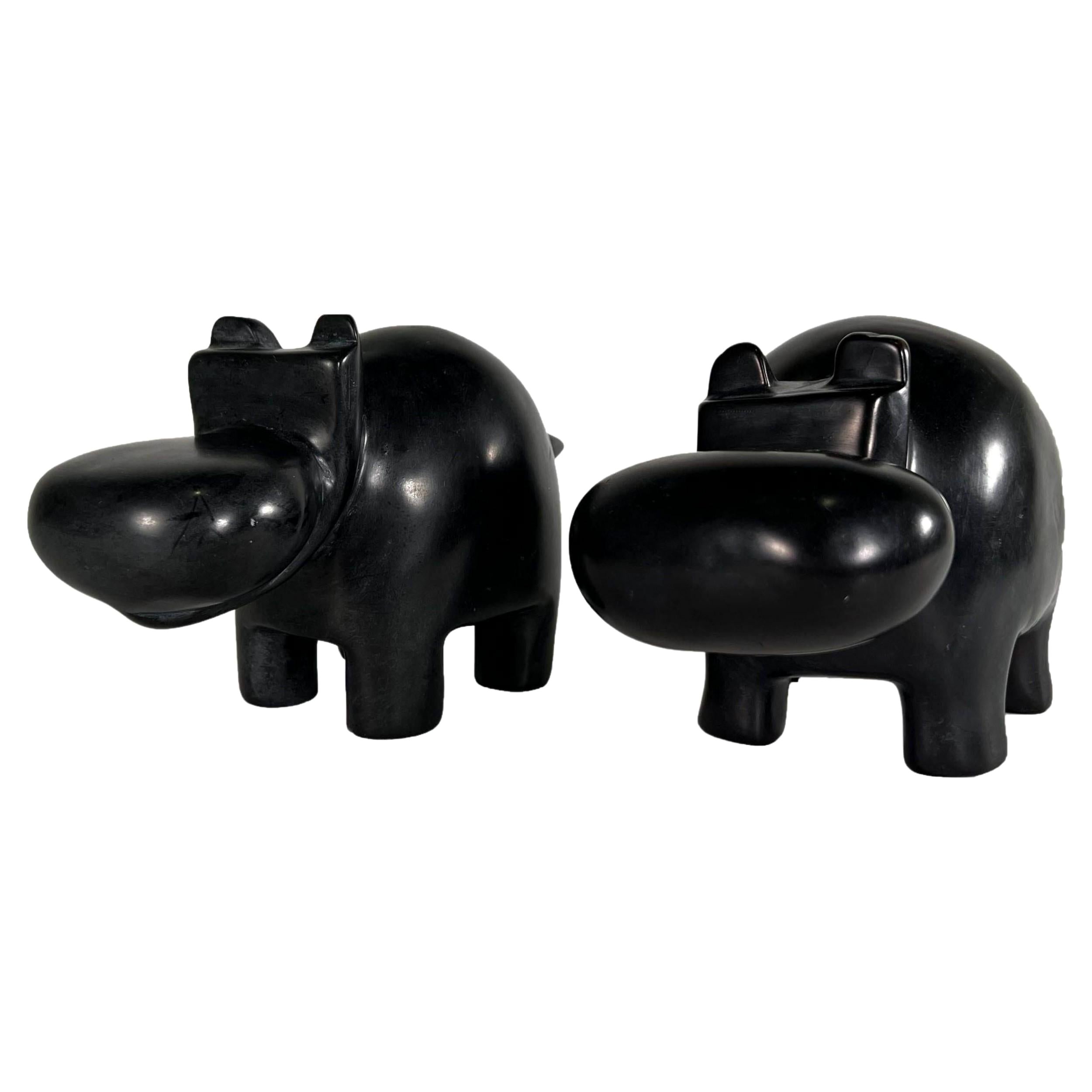 Matched Pair of Italian Marmo Negro Marble Hippos