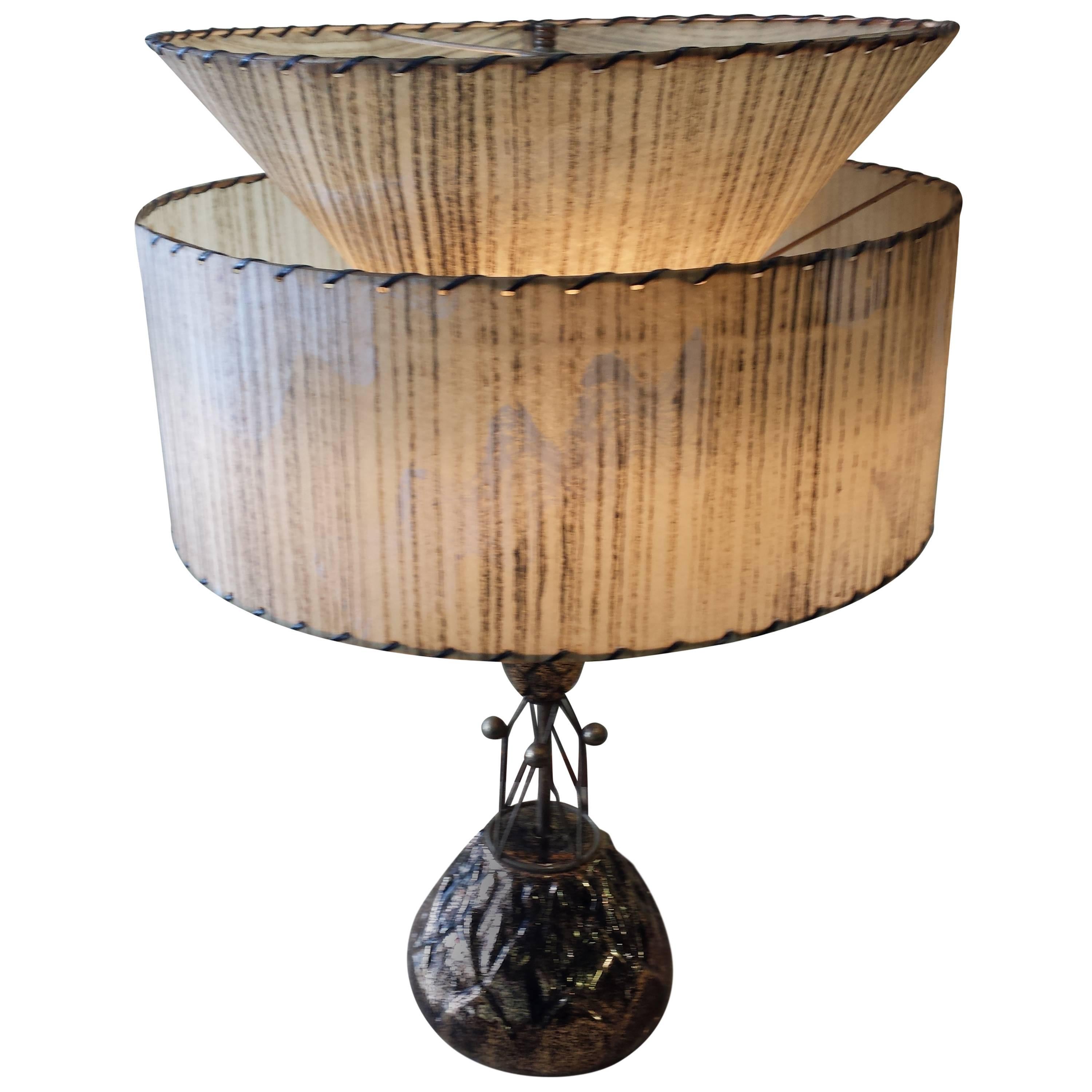 1950s Ceramic and Brass Table Lamp with Fiberglass Two-Tier Shade
