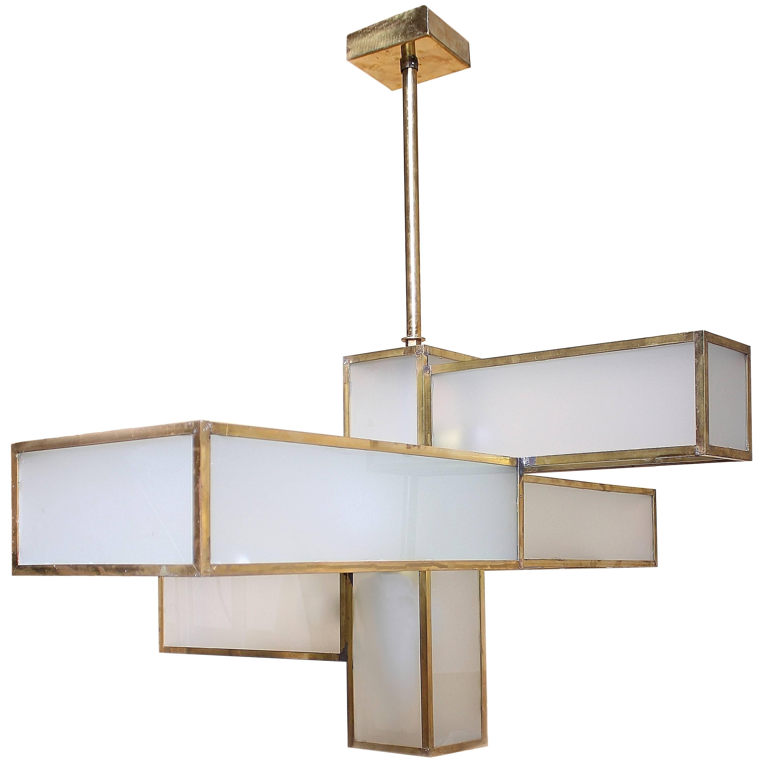 Geometric Glass and Brass Chandelier Attributed to Jean Perzel For Sale