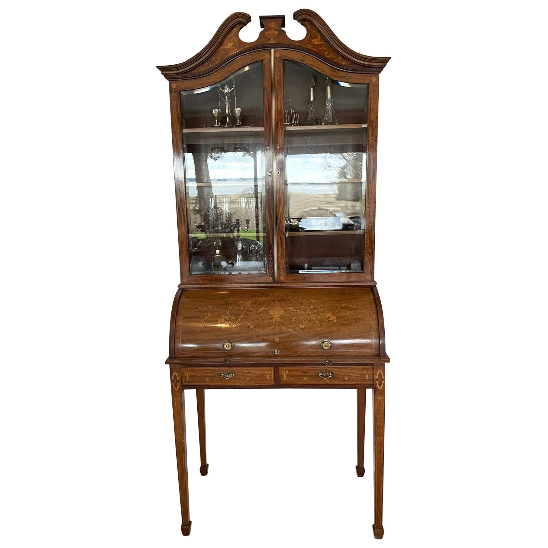 Fine Quality Antique 19th Century Victorian Mahogany Inlaid Cylinder Bookcase