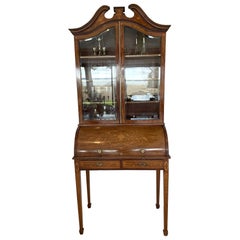 Fine Quality Antique 19th Century Victorian Mahogany Inlaid Cylinder Bookcase