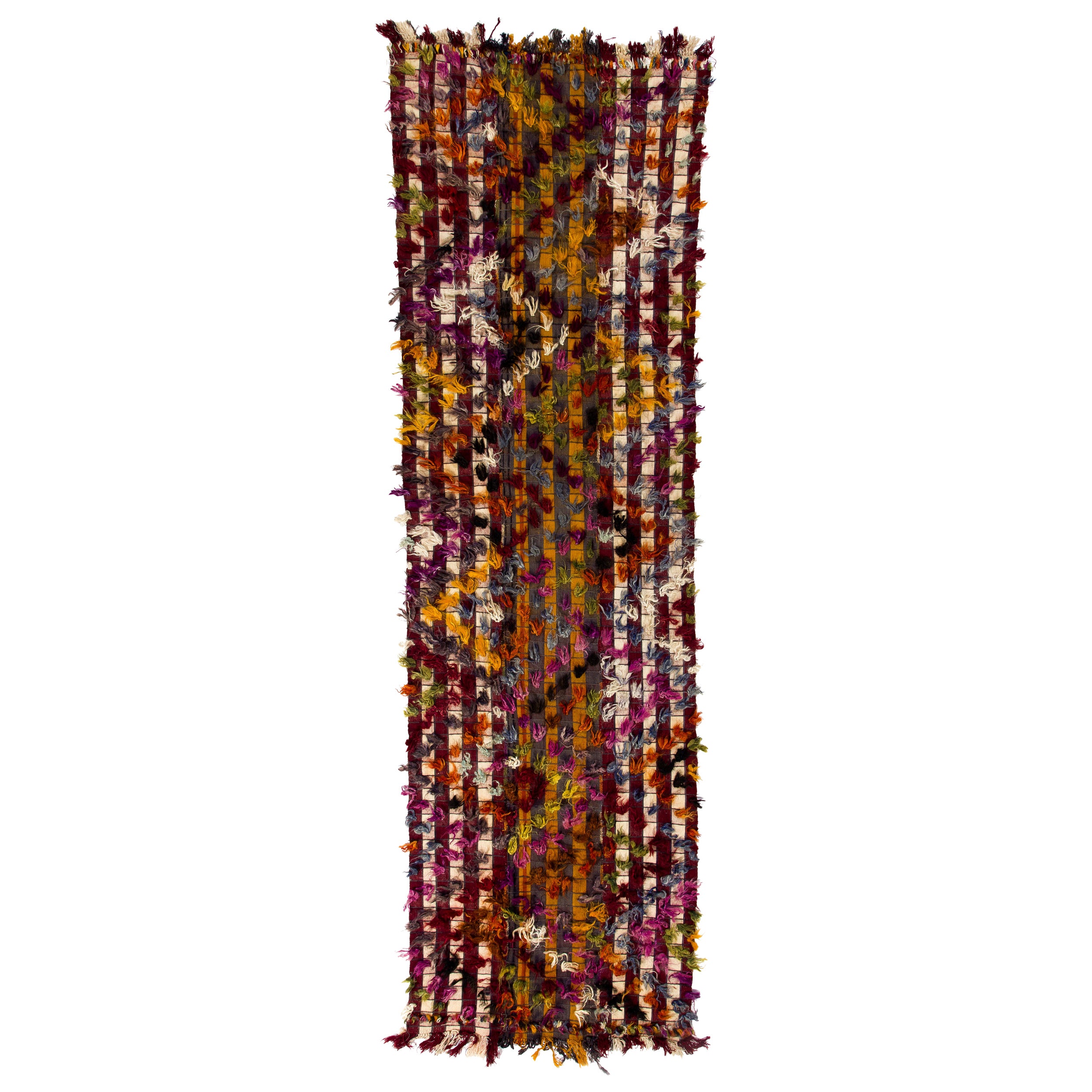 4x13.2 Ft Handmade Turkish Kilim Runner with Colorful Poms, Vintage Hallway Rug