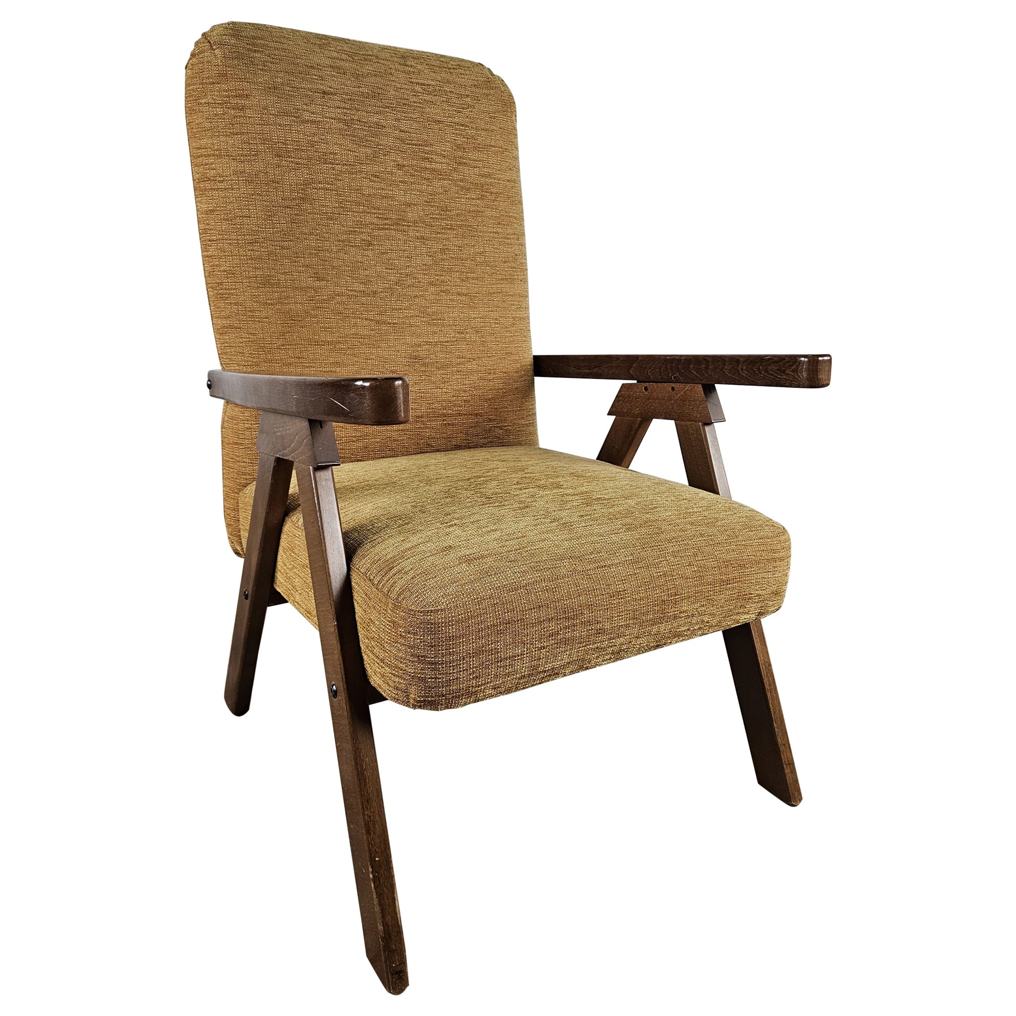 Wood and fabric reclining armchair 1970s