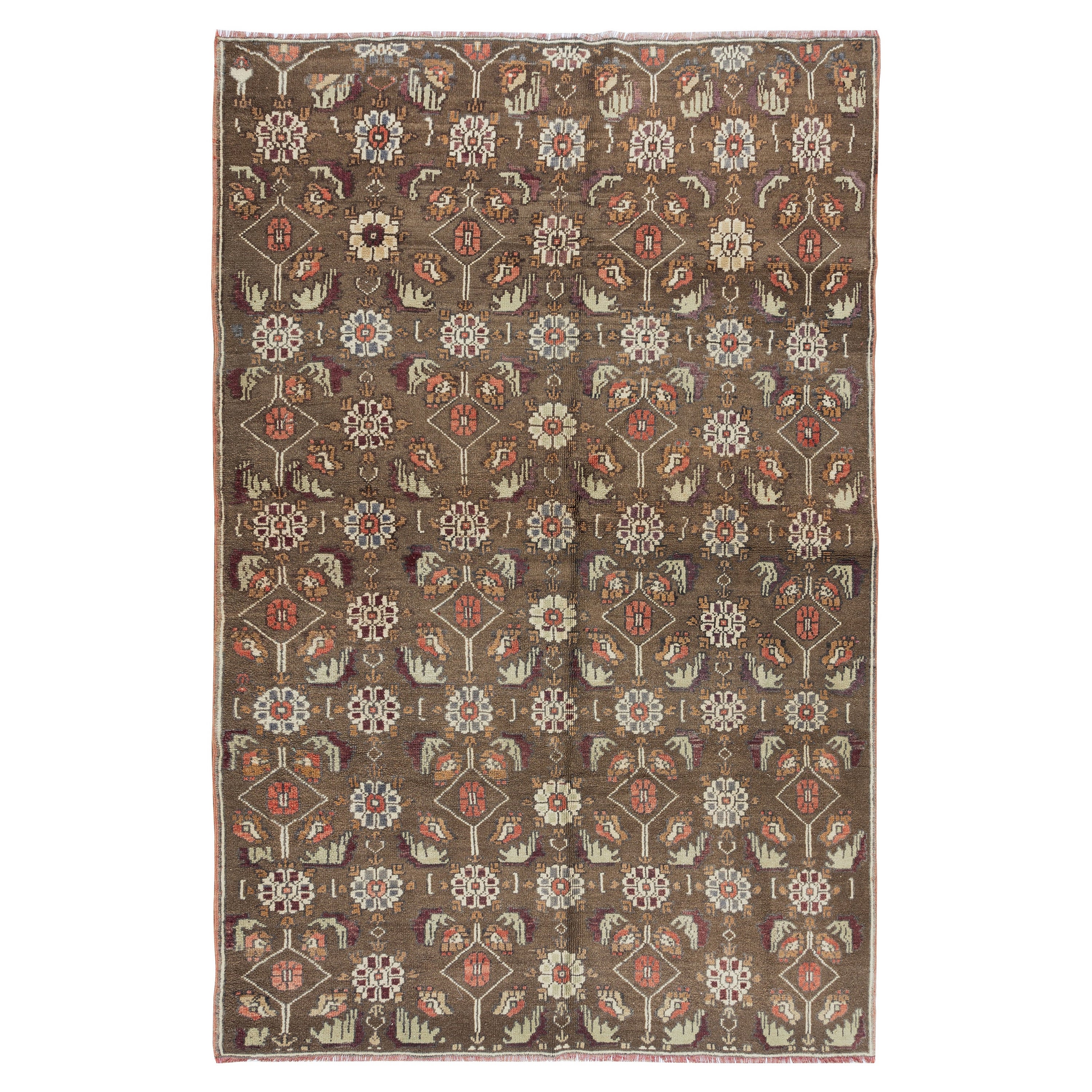 6x9 Ft Vintage Handmade Floral Patterned Turkish Rug in Brown Color, 100% Wool