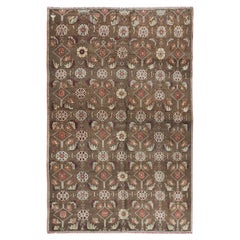 6x9 Ft Vintage Handmade Floral Patterned Turkish Rug in Brown Color, 100% Wool